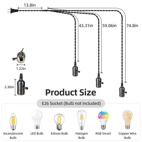 Miniatura 6 de Kit de luz colgante vintage enchufable con portalámparas colgantes E26/E27 de 1 a 3, luz colgante industrial con interruptores rotativos