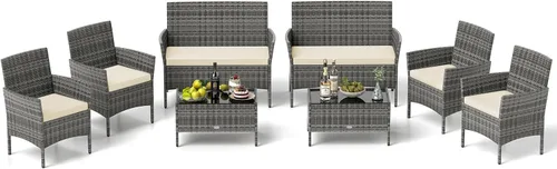 Miniatura 9 de RELAX4LIFE Juego de muebles de patio de 4 piezas – Juego de muebles de ratán para conversación al aire libre con cojines, mesa de centro de cristal