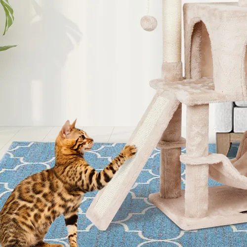 Miniatura 6 de Linda torre de árbol para gatos de interior con poste rascador para actividades modernas, hamaca colgante de bola con tabla beige