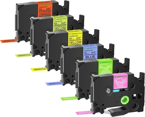GREENCYCLE - Cinta de etiquetas compatible para Brother P Touch TZe, 12 mm, 0.47", color blanco sobre rosa/verde, negro sobre azul/amarillo/amarillo