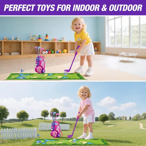 Miniatura 5 de HYES Juego de Golf para Niños Pequeños de 2-4 Años, Club de Golf para Niños con 8 Pelotas, 4 Palos de Plástico, Tapete de Putting, Marcador, Bolsa