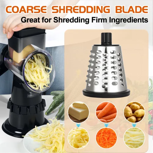 Miniatura 4 de Rallador de queso giratorio de mano con manivela, cortador de verduras con 3 cuchillas, succión estable, mango que ahorra trabajo, triturador