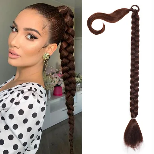 Miniatura 24 de Extensiones de cola de caballo trenzada de 20 pulgadas de largo para mujer, extensiones de cabello lacio envolvente con banda para el cabello, cola