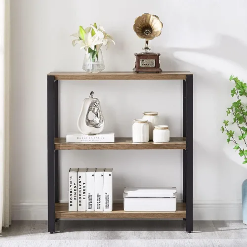 Miniatura 7 de FOLUBAN Estantería de 3 niveles, estantería industrial y estantes para libros, para dormitorio, madera rústica y metal, para oficina, roble