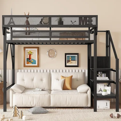 Miniatura 3 de KEIKI Estructura de Cama Loft de Metal Tamaño Twin con Escalera Convertible, Estantes de Almacenamiento Integrados y Armario, Cama Loft con Listones