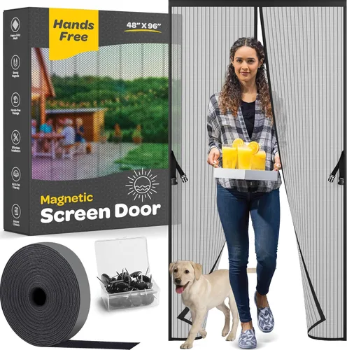 Miniatura 13 de Puerta mosquitera magnética manos libres, resistente, protector de malla de puerta de mosquitero autosellado, apto para mascotas y niños, hebilla