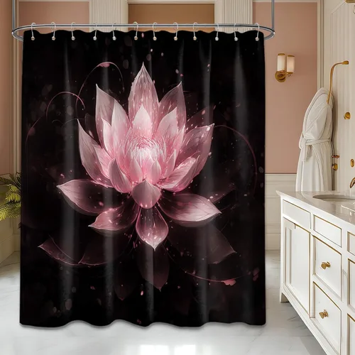 Miniatura 25 de Cortina de ducha con flores de loto negro y azul para decoración de baño, juego de cortinas decorativas de baño con estampado floral, tela
