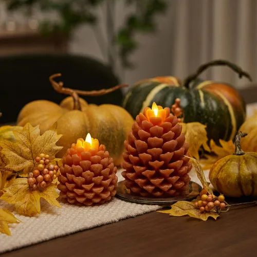 Miniatura 7 de Luminara Vela sin llama de pino con forma de piña: acabado Adobe con aspecto de tiza, cera real sin perfume, velas LED, funciona con batería