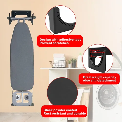 Miniatura 4 de Soporte para tabla de planchar para montaje en pared, gancho oculto para tabla de planchar con pierna en T para cuarto de servicio, cuartos