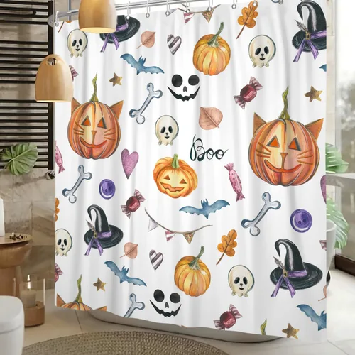 Miniatura 11 de Cortina de ducha divertida de Halloween, espeluznante y bonita, fantasma, calabazas, murciélagos, cortina de baño para niños, decoración