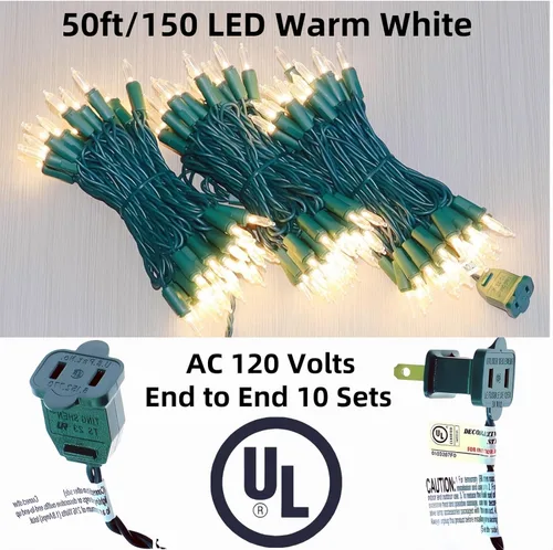 Miniatura 4 de LUCKY SHINE 150 luces LED de Navidad de color blanco cálido, tira de luces con cable verde de 50 pies, certificación UL, calidad comercial, para uso