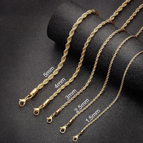 Miniatura 3 de Cadena de torzal de acero inoxidable chapada en oro real de 18quilates, cadena de 0.059, 0.098 y 0.196pulgadas de ancho (1.5, 2.5 y 5mm)