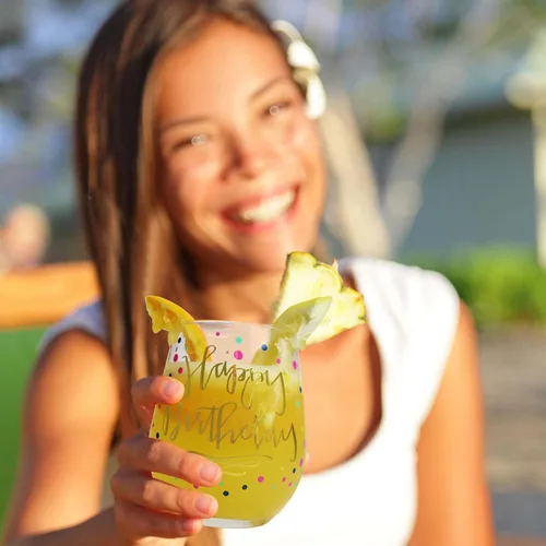 Miniatura 6 de Copa de vino de feliz cumpleaños para mujer, 22 onzas, sin tallo con estampado de confeti dorado, regalo para adultos, tazas de feliz cumpleaños