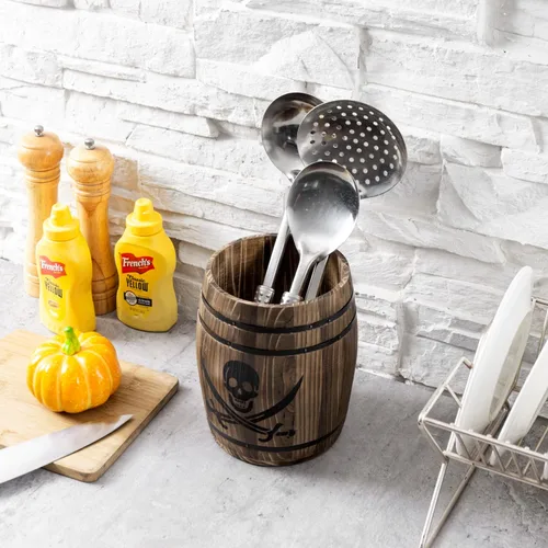 Miniatura 4 de MyGift Cántaro para Utensilios de Cocina Estilo Barril de Ron de Piratas de Madera Rústica Quemada, Soporte para Herramientas de Cocina