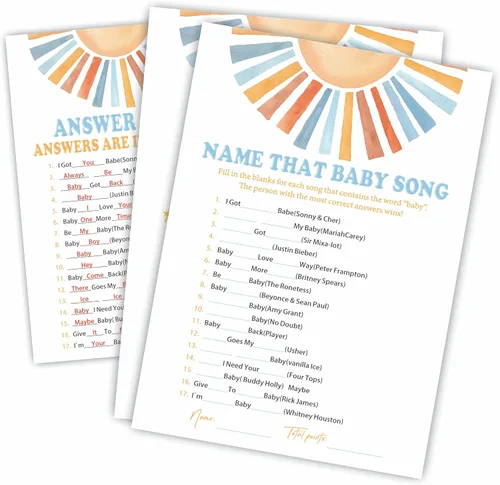 Name That Baby Song Baby Shower Juego Kit – Acuarela Retro Sun – 30 tarjetas de juego de relleno de doble cara para baby shower, revelación de