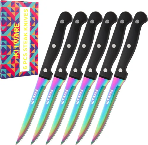 Miniatura 8 de Juego de 6 cuchillos negros para carne, juegos de carne afilados y dentados con caja de regalo, cubertería de mesa de acero inoxidable de 4.5
