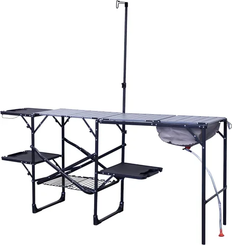GCI OUTDOOR Master Cook Station | Mesa de cocina plegable portátil con fregadero de carcasa blanda, superficie de mesa resistente al calor y poste