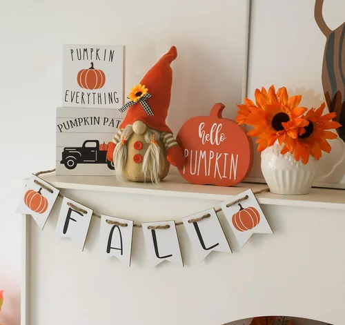 Miniatura 5 de Juego de 5 piezas de decoración de bandeja escalonada de Acción de Gracias con gnomo, letreros de calabaza, bloques de madera y pancartas