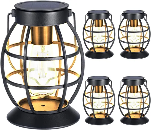 Miniatura 12 de LeiDrail Farol solar colgante al aire libre, faroles decorativos de metal, luz LED blanca cálida, impermeable, iluminación de paisaje para mesa