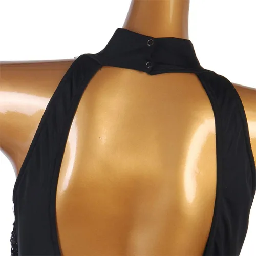 Miniatura 7 de Vestidos de baile latino con flecos para mujer, disfraces de competencia de cha cha, vestido de baile de baile, traje de baile de tango, negro, S
