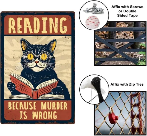 Miniatura 4 de 1 letrero de metal vintage de 8 x 12 pulgadas con diseño de gato retro con texto en inglés "Reading Because Murder is Wrong", póster