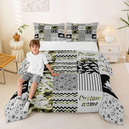Miniatura 13 de Juego de edredón de softbol personalizado, juego de ropa de cama de retazos a cuadros para niños y niños, edredón de bate de béisbol, juego