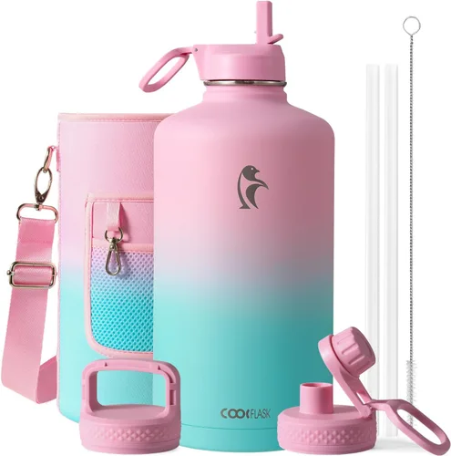Miniatura 86 de Coolflask Botella de agua de 20 onzas aislada con pajilla, 3 tapas de metal de acero inoxidable, botella de agua de boca ancha para deportes u