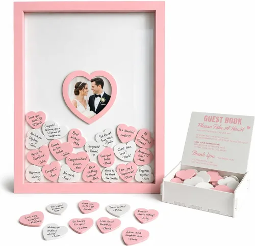 Miniatura 12 de Libro de invitados de boda azul alternativo para recepción con corazones de madera, un marco, decoración de libros, recuerdos para boda, ideas
