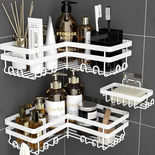 Miniatura 9 de StorageRight Organizador de ducha de esquina, paquete de 3 accesorios de baño adhesivos con soporte para jabón, estante organizador de ducha