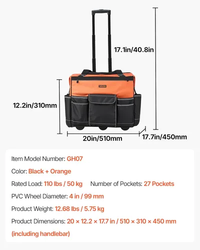 Miniatura 7 de VEVOR Bolsa de herramientas con ruedas de 20 pulgadas, capacidad de carga de 110 libras, 27 bolsillos, bolsa de herramientas resistente sobre