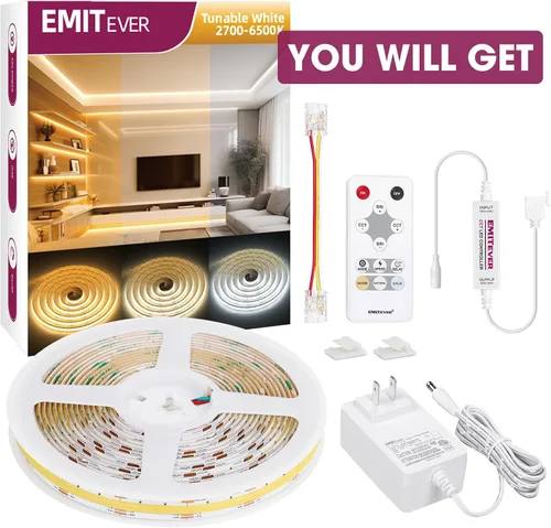Miniatura 9 de EMITEVER COB Tira de luz LED sintonizable blanca 2700K-6500K, kit de cinta LED CCT regulable de 24 V de 16.4 pies, alta densidad 3200 LED CRI90+