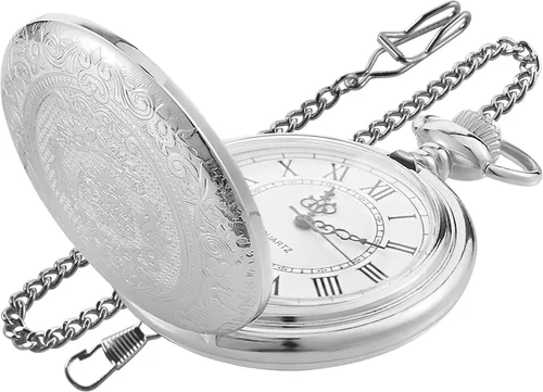 Miniatura 10 de Large Decorative Flower Pattern White Roman Numeral Scale Quartz Pocket Watches for Men with Chain