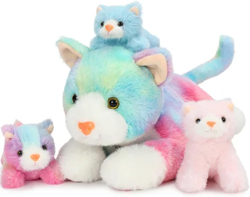 Miniatura 7 de Muiteiur Triceratops - Animal de peluche gigante de dinosaurio para mamá con 3 bebés pequeños, juguete de dinosaurio de felpa suave verde, regalo