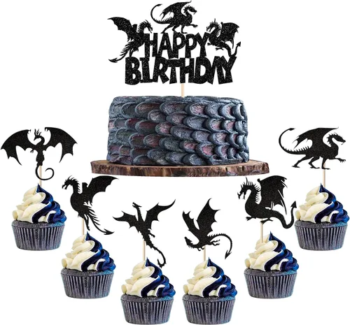 Miniatura 10 de Paquete de 24 adornos para cupcakes de dragón con purpurina de fantasía, para cumpleaños, temática de dragón volador, baby shower, fiesta