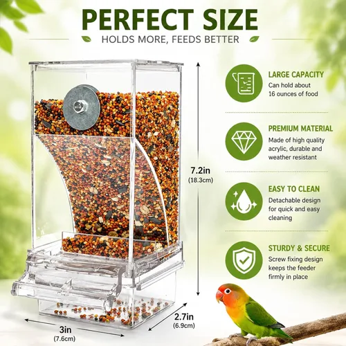 Miniatura 3 de Rypet Comedero Automático para Pájaros Sin Desorden Contenedor de Comida Transparente Jaula Comedero de Acrílico para Loros Accesorios para Pájaros