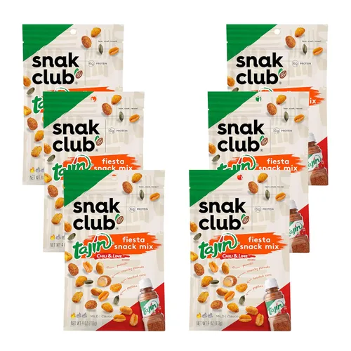 Snak Club Tajin Fiesta - Mezcla de aperitivos, cacahuetes, cacahuetes crujientes, maíz tostado y pepitas con condimento de chile y lima, suave,