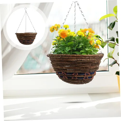 Miniatura 4 de Willow - Cesta de flores colgante tejida de 12 pulgadas, redonda de ratán natural con cadenas de metal para montaje en pared y techo, almacenamiento
