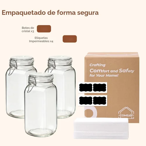 Miniatura 8 de ComSaf Tarros herméticos de vidrio con tapas de 0.6 galones, juego de 3, recipiente de almacenamiento de alimentos cuadrado con sello