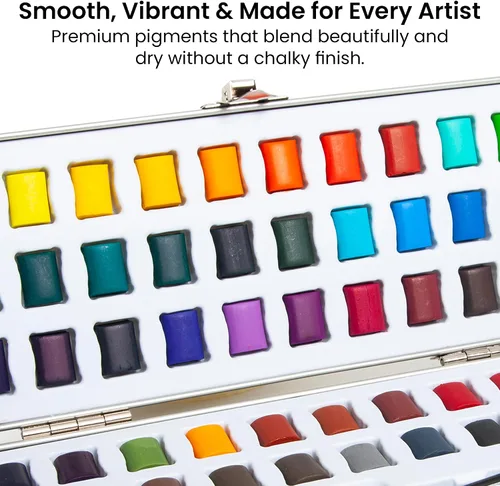 Miniatura 4 de ARTISTIK Juego de pintura de acuarela con pincel, 50 colores en media paleta y lata de metal portátil, juego de acuarela vívida premium