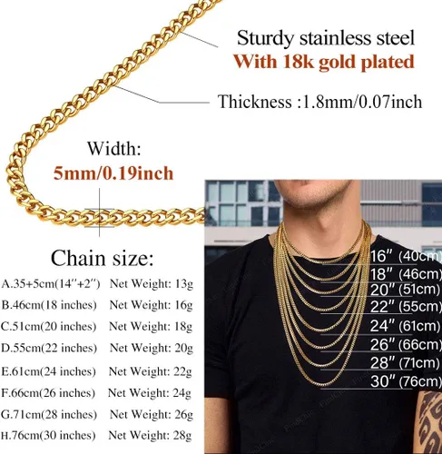 Miniatura 5 de FindChic - Cadena de eslabones para hombre, chapado en oro de 18 quilates, acero inoxidable, negro, collar para hombres y niños, 14 a 30pulgadas, 8