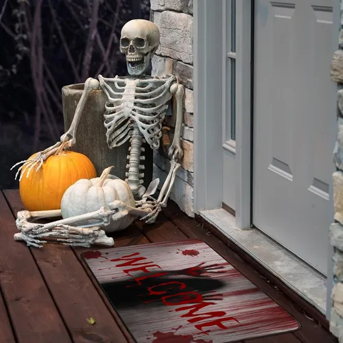 Miniatura 4 de Tapete de puerta de terror para decoración de Halloween, tapete de bienvenida de sangre de 17 x 30 pulgadas, tapetes de goma de lino antideslizantes