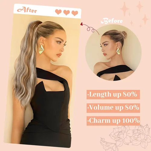 Miniatura 4 de Extensión de cola de caballo de 22 pulgadas y 24 pulgadas de largo, ondulado y lacio, extensiones de cabello sintético de aspecto natural