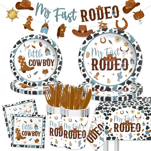 Suministros de fiesta de cumpleaños de mi primer rodeo para niño - 142 piezas, vajilla occidental de vaquero para fiesta del 1er rodeo, decoración