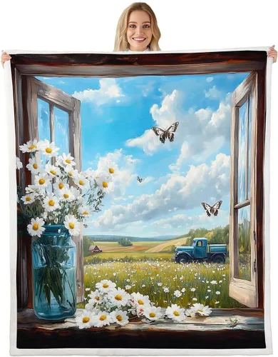 Miniatura 21 de Rustic Farmhouse Style Sherpa Blanket Retro Barn Truck Flannel Fleece Throw Blanket 40"x50" for Sofa Couch Country Daisy Flowers Ultra Soft Bed Blue