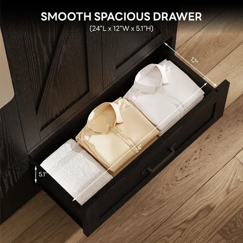 Miniatura 6 de LIKIMIO Armario Armario de 70 pulgadas, gran almacenamiento con espejo, 2 puertas, cajón y estantes, moderno dormitorio independiente de madera Negro