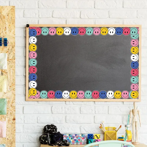 Miniatura 6 de Whaline Borde de tablero de anuncios Happy Face de 32.8 pies, color azul marino, rosa, rosa, amarillo, verde, borde enrollado troquelado