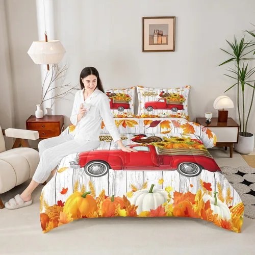 Miniatura 9 de Juego de edredón de cosecha de calabaza de otoño, tamaño individual, juego de ropa de cama de otoño con hojas de arce y girasol, decoración