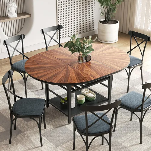 Miniatura 17 de Juego de mesa de comedor redonda de 47 pulgadas para 4-6 personas, juego de mesa de comedor grande de cocina estilo granja con sillas y estante