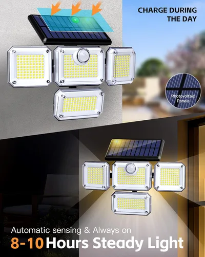 Miniatura 2 de Lámpara con sensor de movimiento para exteriores, luz de energía solar de 4 cabezales, luz solar 333 LED, luces de inundación inalámbricas