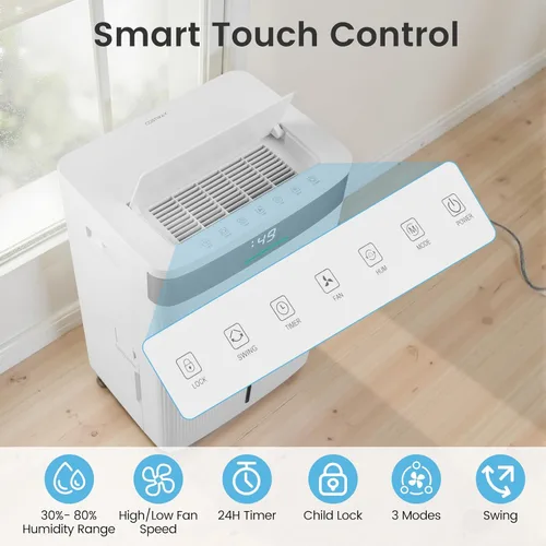 Miniatura 6 de COSTWAY Dehumidifier for Basement, Home Dehumidifier with Convenient Handle, 1.4 Gallon Tank, Auto Defrost, 24H Timer, 3-Color Indicator, Drain Hose